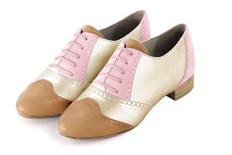 Camel beige, gold and light pink women's fashion lace-up shoes.. Front view - Florence KOOIJMAN
